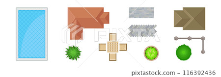 Roof, Pool, Fence, Bush and Pavement as Landscape Design Element Vector Set 116392436