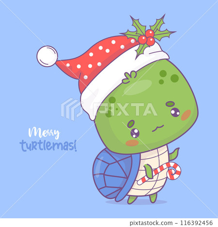 Cute Christmas turtle. Funny little cartoon kawaii character animal in Santa hat with striped caramel stick. Vector illustration. Kids collection. Cute Christmas turtle. Funny little cartoon kawaii character animal in Santa hat with striped caramel stick. Vector illustration. Kids collection. 116392456