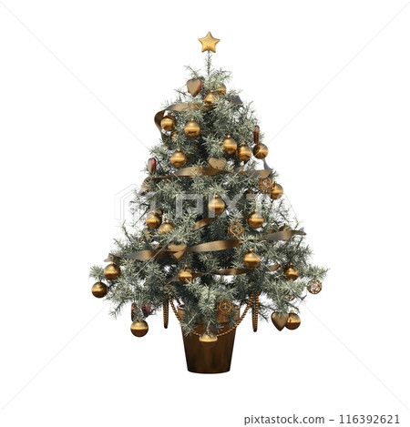 Christmas tree with decorations, isolated on white background, 3D illustration, cg render 116392621