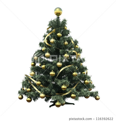 Christmas tree with decorations, isolated on white background, 3D illustration, cg render 116392622