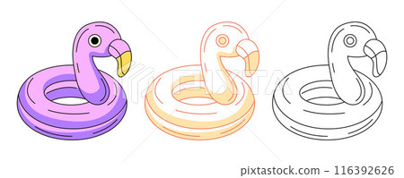 Summer beach inflatable swimming ring in flamingo shape, colorful and line icons set. Vector outline icon, monochrome and color illustration. For logo, sticker, coloring book, label 116392626