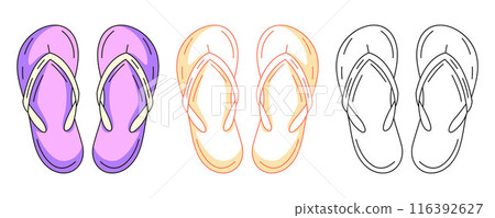 Summer beach flip flops, colorful and line icons set. Seasonal shoes, travel and vacation concept, vector outline icon, monochrome and color illustration. For logo, sticker, coloring book, label 116392627