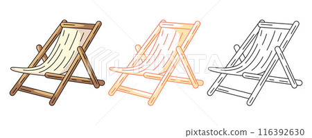 Summer beach lounger for sunbathing, colorful and line icons set. Summertime, holiday and vacation. Vector outline icon, monochrome and color illustration. For logo, sticker, coloring book, label 116392630