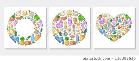 Set of summer beach square card with beach elements in round and heart shape. Collection of colorful beach accessories icons isolated on white. For poster, flyer, banner, invitation, social media Set of summer beach square card with beach elements in round and heart shape. Collection of colorful beach accessories icons isolated on white. For poster, flyer, banner, invitation, social media 116392636