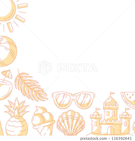 Summer minimalist square card, monochrome orange beach accessories icons. Corner border frame, space for text, isolated on white. For poster, flyer, banner, invitation, social media, party or sale 116392641