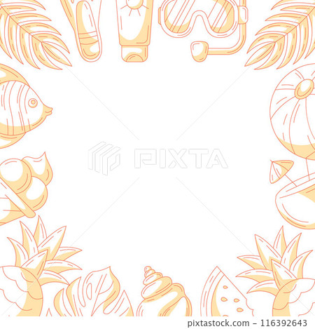 Summer minimalist square card, monochrome orange beach accessories icons. Border frame, space for text in the middle, isolated on white. For poster, flyer, banner, invitation, social media, party 116392643