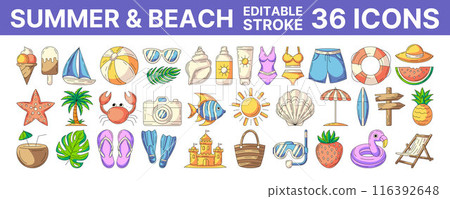 Summer and beach, vector colorful and painted line icon set. Editable stroke. Outline icons collection of seasonal rest and vacation accessories. Concept of travel, holiday, tourism, relax 116392648