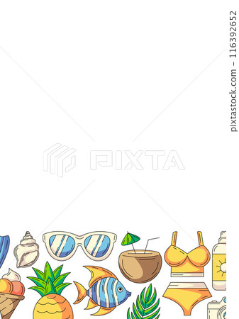 Summer vertical a4 poster, colorful beach elements, accessories icons. Bottom border frame, copy space, isolated on white. For card, banner, invitation, social media, planner, party or event 116392652