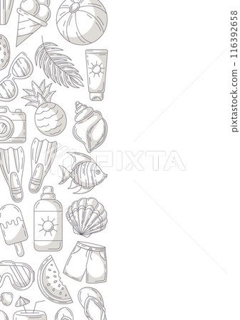 Summer minimalist vertical a4 poster, monochrome gray beach elements, accessories icons. Left side border frame, copy space, isolated on white. For card, banner, invitation, social media, planner Summer minimalist vertical a4 poster, monochrome gray beach elements, accessories icons. Left side border frame, copy space, isolated on white. For card, banner, invitation, social media, planner 116392658