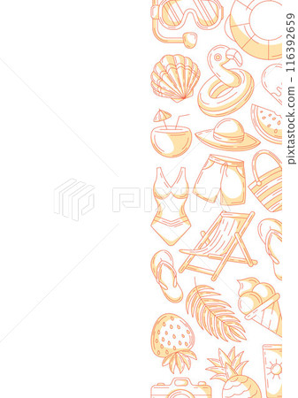 Summer minimalist vertical a4 poster, monochrome orange beach elements, accessories icons. Right side border frame, copy space, isolated on white. For card, banner, invitation, social media, planner Summer minimalist vertical a4 poster, monochrome orange beach elements, accessories icons. Right side border frame, copy space, isolated on white. For card, banner, invitation, social media, planner 116392659