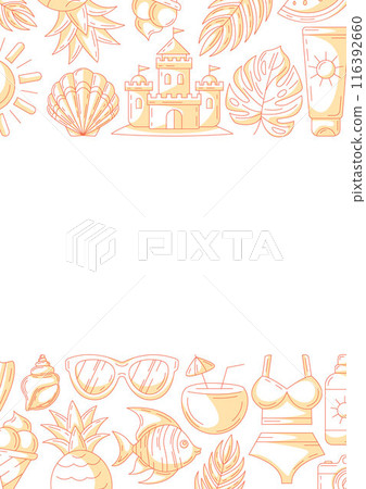 Summer minimalist vertical a4 poster, monochrome orange beach elements, accessories icons. Upper and bottom border frame, space for text, isolated on white. For card, banner, invitation, social media Summer minimalist vertical a4 poster, monochrome orange beach elements, accessories icons. Upper and bottom border frame, space for text, isolated on white. For card, banner, invitation, social media 116392660