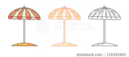 Summer beach umbrella, colorful and line icons set. Sun protection, vacation and travel concept, vector flat outline icon, monochrome and color illustration. For logo, sticker, coloring book, label 116392665