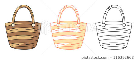Summer wicker bag for beach accessories, colorful and line icons set. Summertime, holiday and vacation. Vector outline icon, monochrome and color illustration. For logo, sticker, coloring book, label Summer wicker bag for beach accessories, colorful and line icons set. Summertime, holiday and vacation. Vector outline icon, monochrome and color illustration. For logo, sticker, coloring book, label 116392668