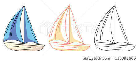 Boat with sails, colorful and line icons set. Sea, marine, nautical, vacation and travel concept, vector flat outline icon, monochrome and color illustration. For logo, sticker, coloring book, label 116392669