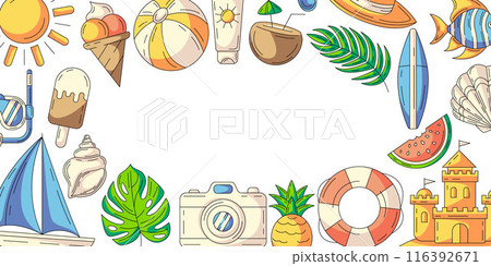 Summer colorful horizontal banner, beach accessories icons. Border frame, space for text in the middle, isolated on white. For poster, flyer, card, invitation, social media, postcard, party or event Summer colorful horizontal banner, beach accessories icons. Border frame, space for text in the middle, isolated on white. For poster, flyer, card, invitation, social media, postcard, party or event 116392671