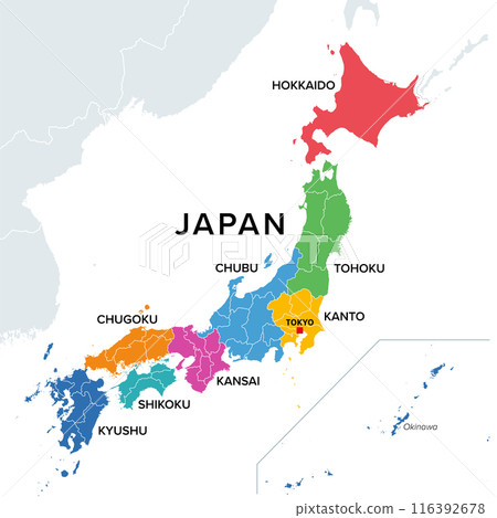 Regions of Japan, multi colored political map. The eight traditional units used for statistical and other purposes. Hokkaido, Tohoku, Kanto, Chubu, Kansai, Chugoku, Shikoku, and Kyushu with Okinawa. 116392678