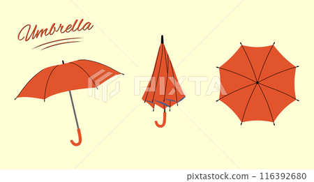 Flat style umbrellas. Opened, and folded umbrellas. Rain protection parasols suitable for rainy weather. Isolated Illustration on a light background Flat style umbrellas. Opened, and folded umbrellas. Rain protection parasols suitable for rainy weather. Isolated Illustration on a light background 116392680