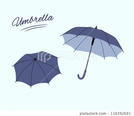 Flat style blue umbrella, on light blue background. Rain protection parasol in two different positions. Flat style blue umbrella, on light blue background. Rain protection parasol in two different positions. 116392681