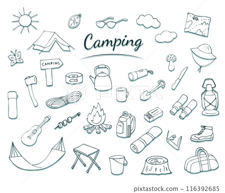 Camping set in doodle style. Hiking, trekking, travel, tourism concepts, Hand drawn Vector illustration. Isolated design elements on white. Camping set in doodle style. Hiking, trekking, travel, tourism concepts, Hand drawn Vector illustration. Isolated design elements on white. 116392685
