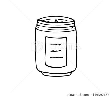 Hand-drawn candle in a jar. Handmade candle. Glass jar filled with wax. Isolated illustration on white Hand-drawn candle in a jar. Handmade candle. Glass jar filled with wax. Isolated illustration on white 116392688