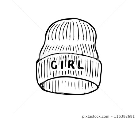 Winter beanie hat with lettering. Knitted girls hand-drawn hat. Winter headgear isolated on a white background. Winter beanie hat with lettering. Knitted girls hand-drawn hat. Winter headgear isolated on a white background. 116392691
