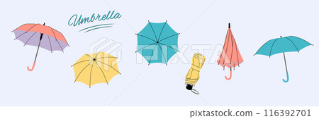 Set of Umbrella in flat style. Opened, closed, and folded umbrellas. Rain protection parasols for rainy weather. Isolated  illustrations on light blue background 116392701