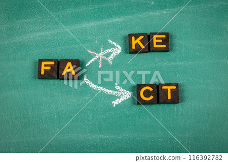 Fact Concept. Old letter tiles on a green chalkboard background 116392782
