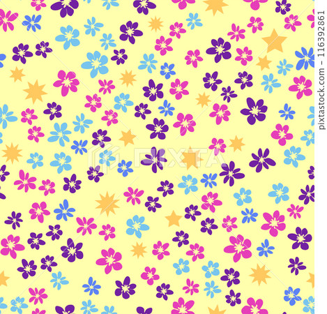 Ditsy floral seamless pattern. Flowers and stars pattern, lavender and pink Ditsy floral seamless pattern. Flowers and stars pattern, lavender and pink 116392861