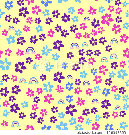 Ditsy floral seamless pattern. Flowers and stars pattern, lavender and pink Ditsy floral seamless pattern. Flowers and stars pattern, lavender and pink 116392863
