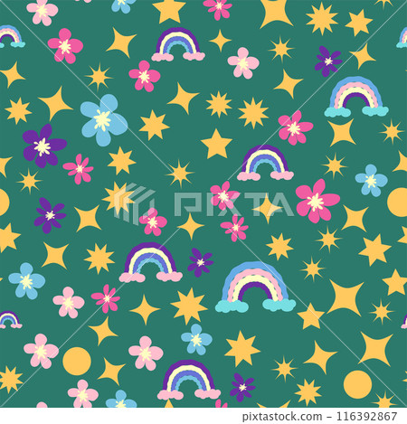 Ditsy flowers, rainbows, stars seamless pattern. Gold stars and flower 116392867