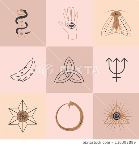 Set of magic symbols, celestial seamless pattern. Astrological, magical and esoteric symbols Set of magic symbols, celestial seamless pattern. Astrological, magical and esoteric symbols 116392899