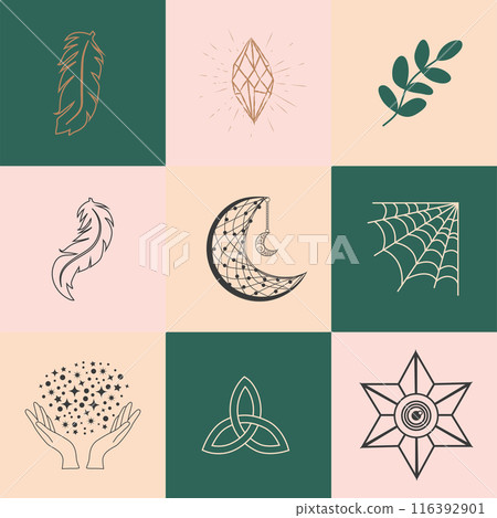 Set of magic symbols, celestial seamless pattern. Astrological, magical and esoteric symbols Set of magic symbols, celestial seamless pattern. Astrological, magical and esoteric symbols 116392901