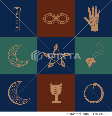 Set of magic symbols, celestial seamless pattern. Astrological, magical and esoteric symbols 116392902