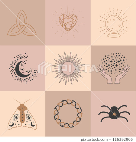 Set of magic symbols, celestial seamless pattern. Astrological, magical and esoteric symbols Set of magic symbols, celestial seamless pattern. Astrological, magical and esoteric symbols 116392906