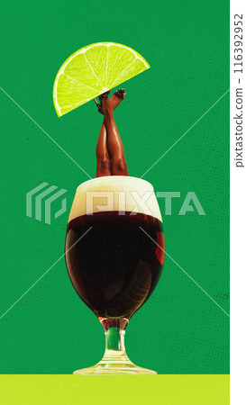 Female tanned legs in heels diving into dark chill beer glass against green background. Contemporary art collage. 116392952