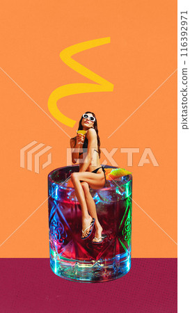 Stylish young woman with tanned body, in retro sunglasses and black swimsuit sitting on cocktail against orange background. Contemporary art collage. 116392971