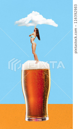 Young smiling woman in swimsuit dancing on lager froth bee again abstract blue background with single cloud. Contemporary art collage. 116392983