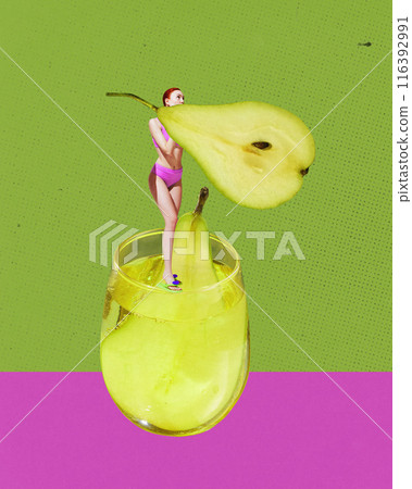 Young woman in swimsuit standing on delicious pear cocktail against green and pink background. Contemporary art collage. 116392991