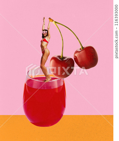 Happy young woman in swimsuit with tanned body, in sunglasses cheerfully dancing on cherry cocktail against pink background. Contemporary art collage. Happy young woman in swimsuit with tanned body, in sunglasses cheerfully dancing on cherry cocktail against pink background. Contemporary art collage. 116393000