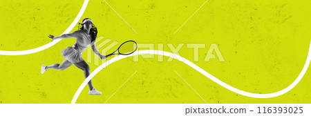 Black and white image of active young woman, tennis player on abstract sports court, playing against yellow background. Contemporary art collage Black and white image of active young woman, tennis player on abstract sports court, playing against yellow background. Contemporary art collage 116393025