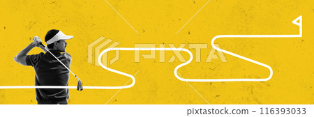 Black and white image of male golfer in motion, playing against abstract yellow background symbolizing filed. Contemporary art collage. Black and white image of male golfer in motion, playing against abstract yellow background symbolizing filed. Contemporary art collage. 116393033