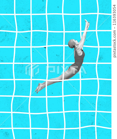 Black and white image of young woman in swimsuit and cap swimming in abstract swimming pool. Contemporary art collage. Black and white image of young woman in swimsuit and cap swimming in abstract swimming pool. Contemporary art collage. 116393054