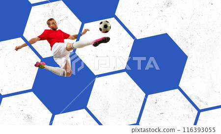 Dynamic image of young competitive man, soccer player hitting ball in motion against abstract background in soccer ball design. Contemporary art collage. Dynamic image of young competitive man, soccer player hitting ball in motion against abstract background in soccer ball design. Contemporary art collage. 116393055