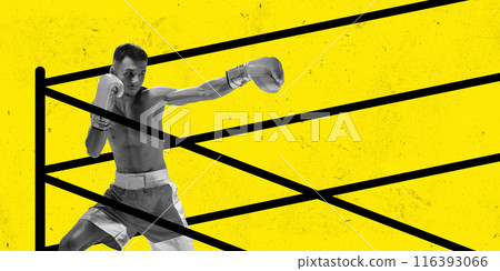 Black and white image of muscular man, boxer in motion on ring, fighting against bright yellow background. Contemporary art collage. Black and white image of muscular man, boxer in motion on ring, fighting against bright yellow background. Contemporary art collage. 116393066