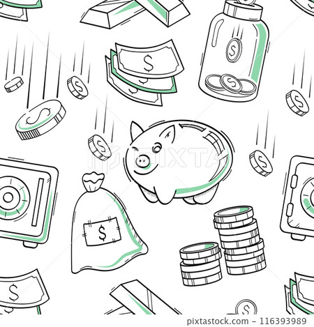 Doodle bank, savings money, piggy bank, dollar, coins, gold icons. Seamless vector pattern of line arts . 116393989