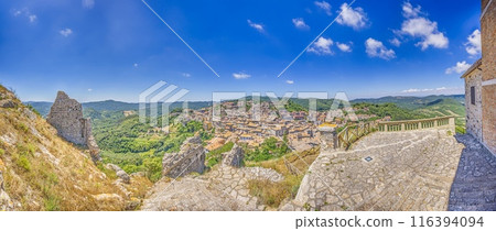 Panoramic view of the small Italian town of Tolfa from the castle above 116394094