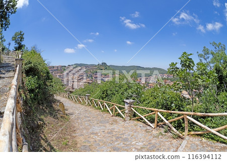 Panoramic view of the small Italian town of Tolfa from the castle above 116394112