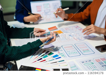 Creative team web designer feel happy work complete Teamwork planning application, success at work in the office concept. 116394178