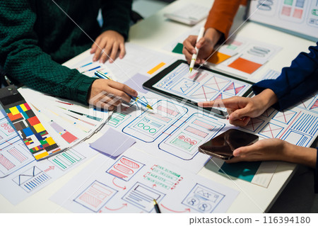 Creative team web designer feel happy work complete Teamwork planning application, success at work in the office concept. 116394180