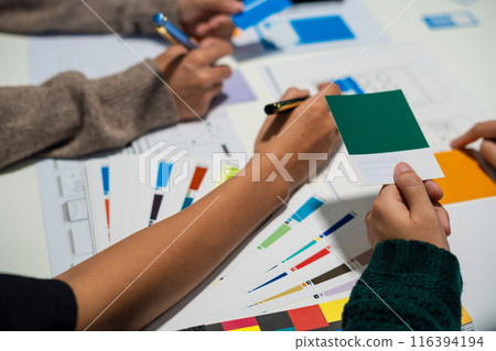 Creative team web designer feel happy work complete Teamwork planning application, success at work in the office concept. 116394194